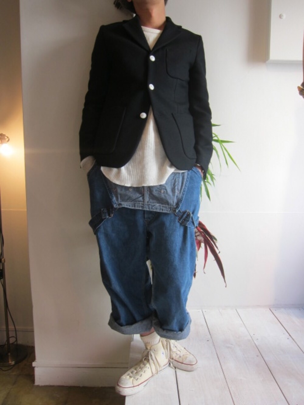 「ネイビー、 BLACK&BLUE、 古着ミックス」｜「BLACK&BLUEの2Bテーラードジャケット（テーラードジャケット、ブルー系）」を使った、UNREALREALCLOTHESさん（メンズ・180cm）の秋コーディネートの1枚目の写真