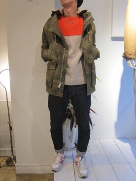 「カモ柄」｜「アイテム（ブルゾン）」を使った、UNREALREALCLOTHESさん（メンズ・180cm）の冬コーディネート