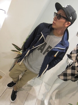 「THREE BLIND MICE（スリーブラインドマイス）のアイテム（パンツ）」を使った、UNREALREALCLOTHESさん（メンズ・170cm）の冬コーディネート