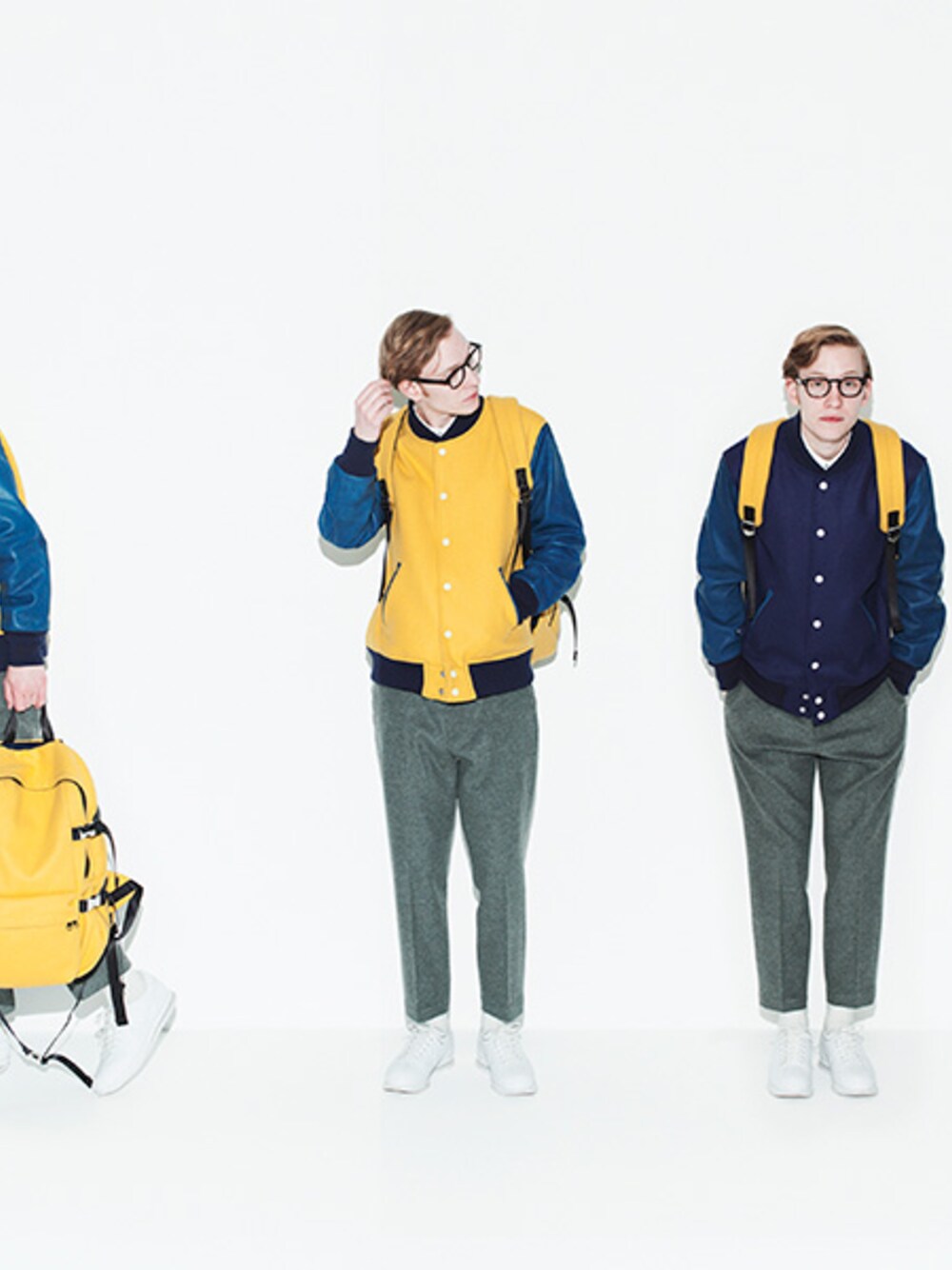 「ビッグシルエット、スタジャン、バックパック、イエロー、スラックス、ウールパンツ、サルエルパンツ、BLACK&BLUE、イエロー×ブルー、 UNREAL REAL CLOTHES」｜「BLACK&BLUEのスタジアムジャケット（スタジャン、ブルー系）」を使った、UNREALREALCLOTHESさん（メンズ・180cm）の秋コーディネートの1枚目の写真