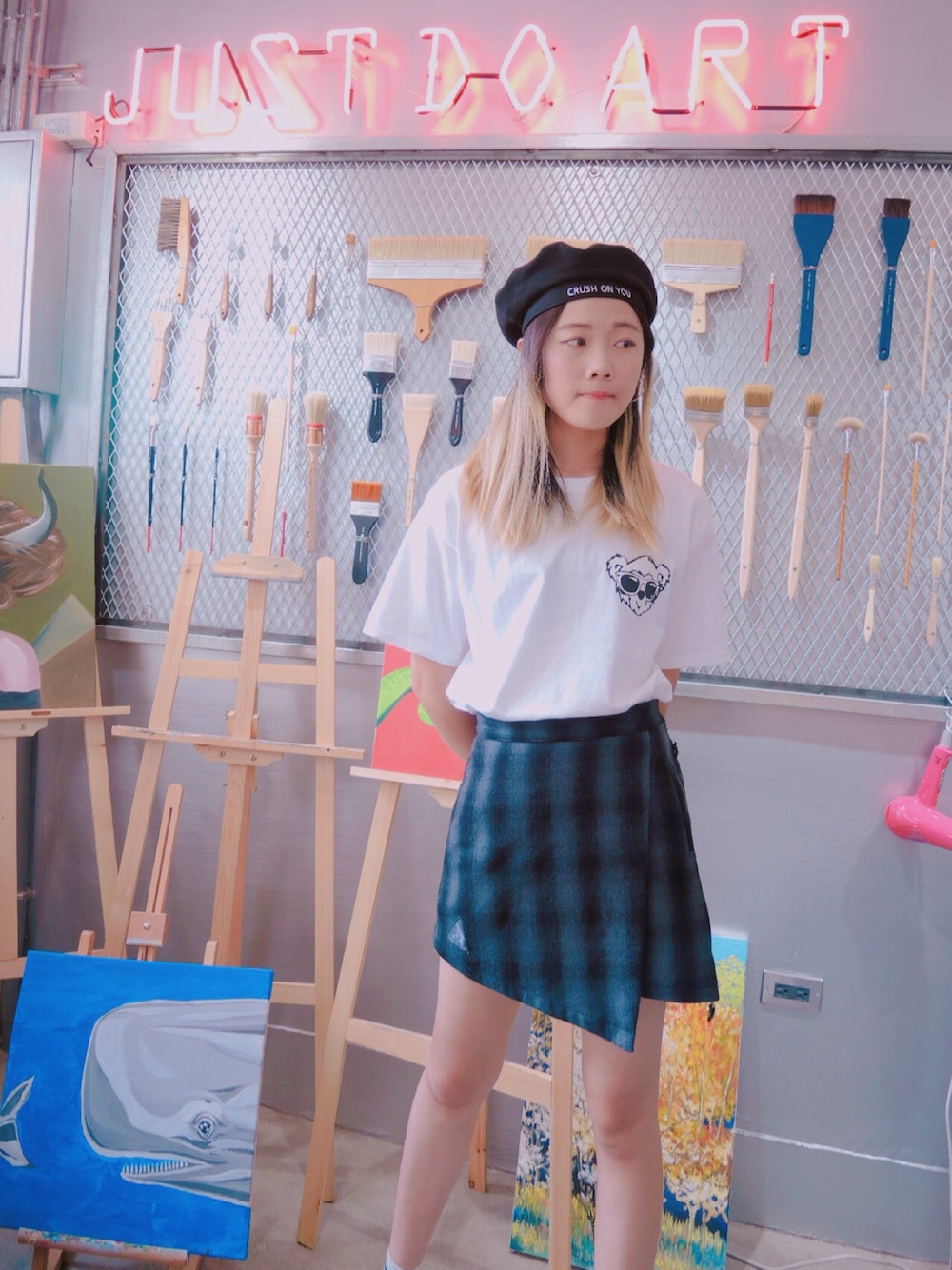 「basiccotton、nu by slightly numb、JOYRICH、Champion、CMYK、Chomei」｜「Basiccottonのアイテム（ハンチング/ベレー帽、ブラック系）」を使った、Chomei さん（レディース・168cm）の夏コーディネートの1枚目の写真