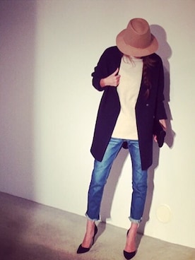 「インディゴデニム」｜「アイテム（ノーカラージャケット）」を使った、M closetさん（レディース・169cm）の冬コーディネート