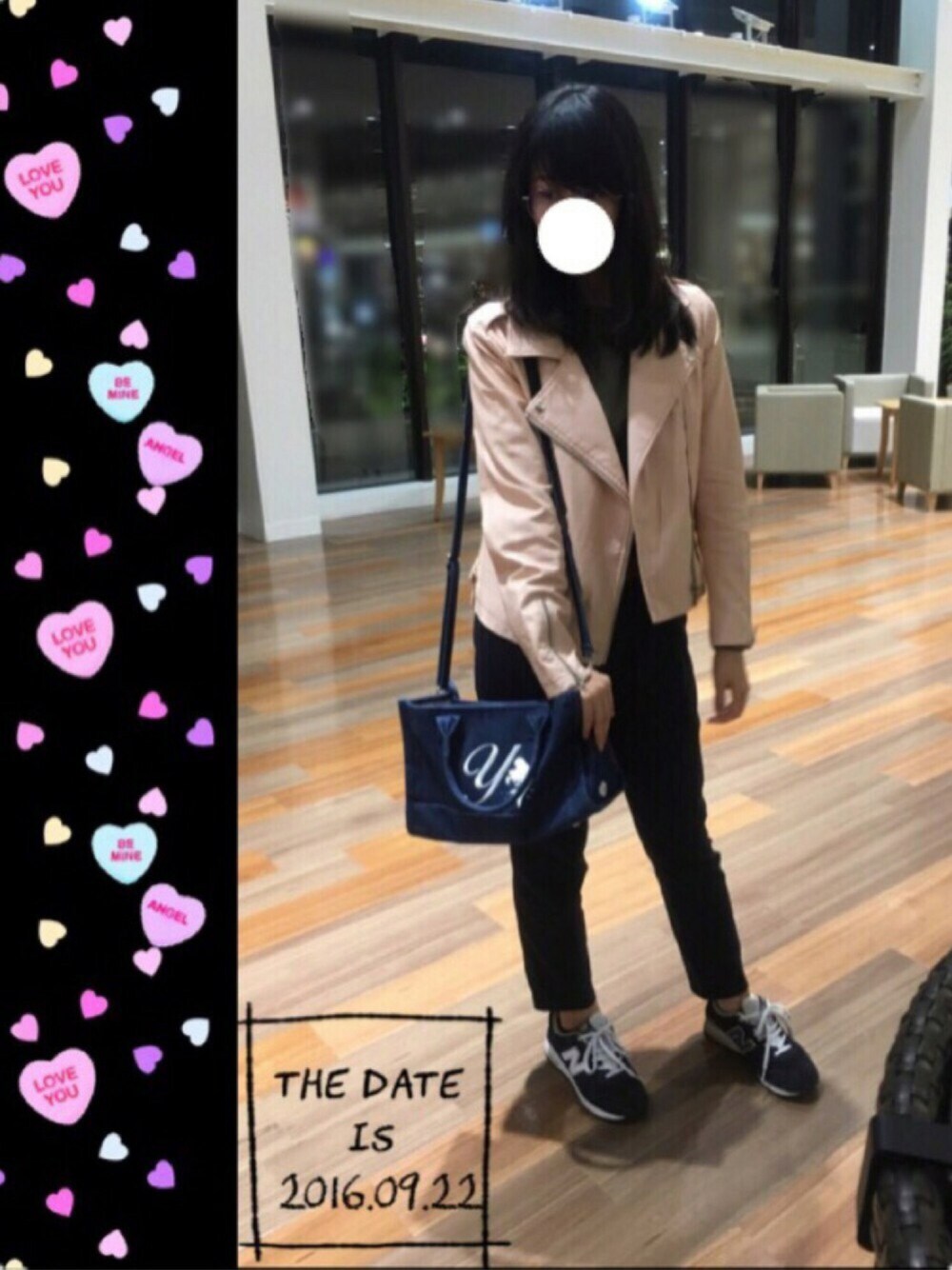「秋コーデ、プチプラ、ライダース、ピンク、FOREVER 21、ディズニー、アリエル、UNIQLO、カーキ、New Balance × BEAMS」｜「JINSの【Combination Metal】コンビネーション メタル（メガネ、ブラウン系）」を使った、ゆりなさん（レディース・165cm）の秋コーディネートの1枚目の写真