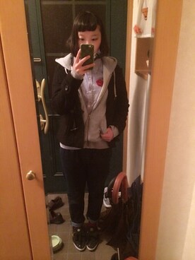 「アイテム（ダッフルコート、ブラック系）」を使った、Chiiiさん（レディース・157cm）の春コーディネート