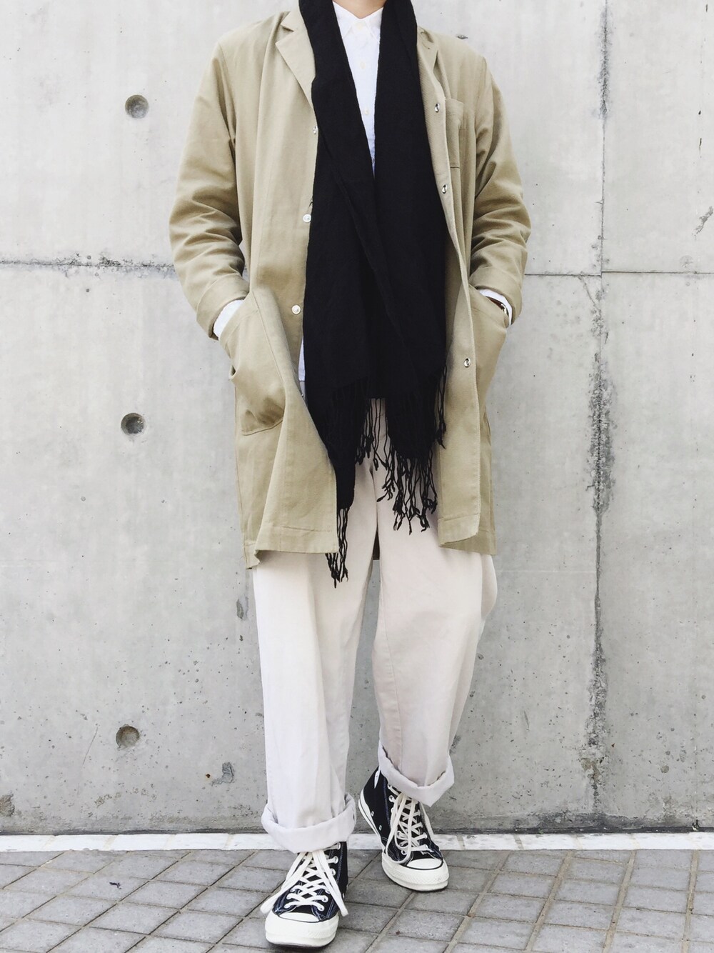 「working style、古着、秋のコーデ、黒、男の子」｜「URBAN RESEARCH DOORSのFORK＆SPOON French Work Coat（その他アウター、ブラック系）」を使った、tclok_さん（メンズ・174cm）の秋コーディネートの1枚目の写真