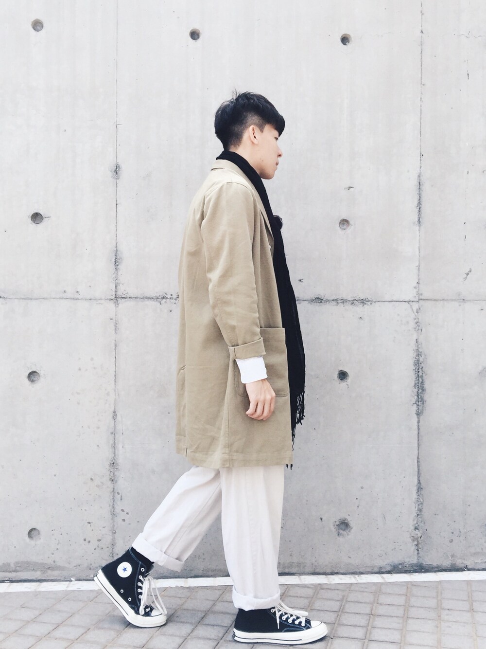 「シンプル、冬、秋のコーデ、男の子、古着」｜「MUJI Laboのアイテム（シャツ/ブラウス、ホワイト系）」を使った、tclok_さん（メンズ・173cm）の秋コーディネートの1枚目の写真