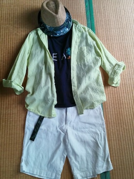 「GLOBAL WORK（グローバルワーク）のアイテム（トップス、グリーン系）」を使った、トールさん（メンズ・165cm）の夏コーディネート