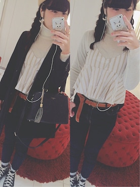 「JEANASIS（ジーナシス）のDENIMシルキースキニーパンツ/715842 （デニムパンツ）」を使った、ｈａｒｕさん（レディース・161cm）の冬コーディネート