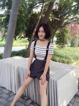 「EMODA（エモダ）のアイテム（サロペット/オーバーオール）」を使った、初九さん（レディース・155cm）の夏コーディネート