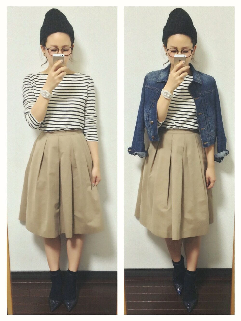 「デニム×ヒール、ソックス×パンプス、ニット帽×メガネ、ポインテッドトゥ、ボーダー、ニット帽」｜「MURUAの【CASUAL】綿起毛ﾎﾞｯｸｽﾌﾟﾘｰﾂSK（スカート、ベージュ系）」を使った、mayu*さん（レディース・158cm）の秋コーディネートの1枚目の写真