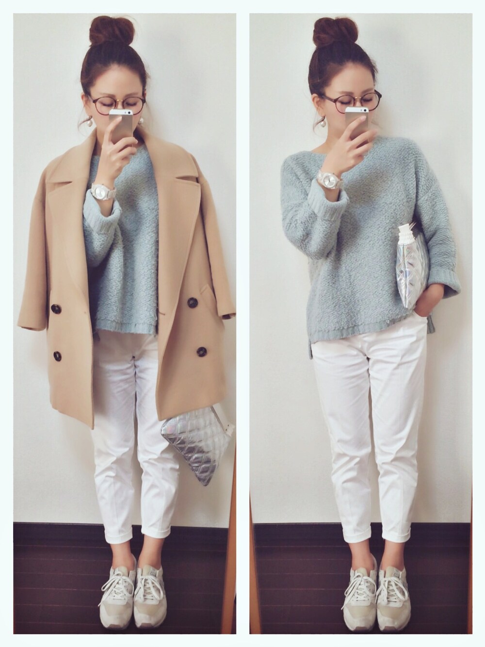 「オーバーサイズニット、ホワイトパンツ」｜「JEANASISの14FWムジガラトラウザー/552315（スラックス、ホワイト系）」を使った、mayu*さん（レディース・158cm）の冬コーディネートの1枚目の写真