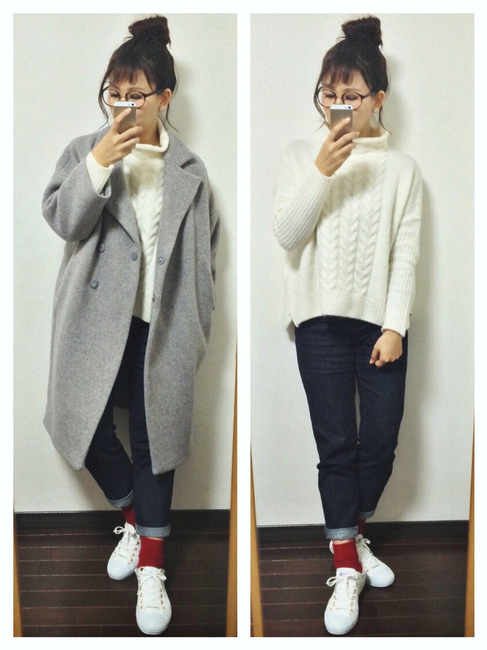 「白ニット、赤ソックス、コンバース、ハイネックニット」｜「URBAN RESEARCH DOORSのモッサダブルコクーンロングコート（ジャケット/アウター、グレー系）」を使った、mayu*さん（レディース・158cm）の冬コーディネートの1枚目の写真