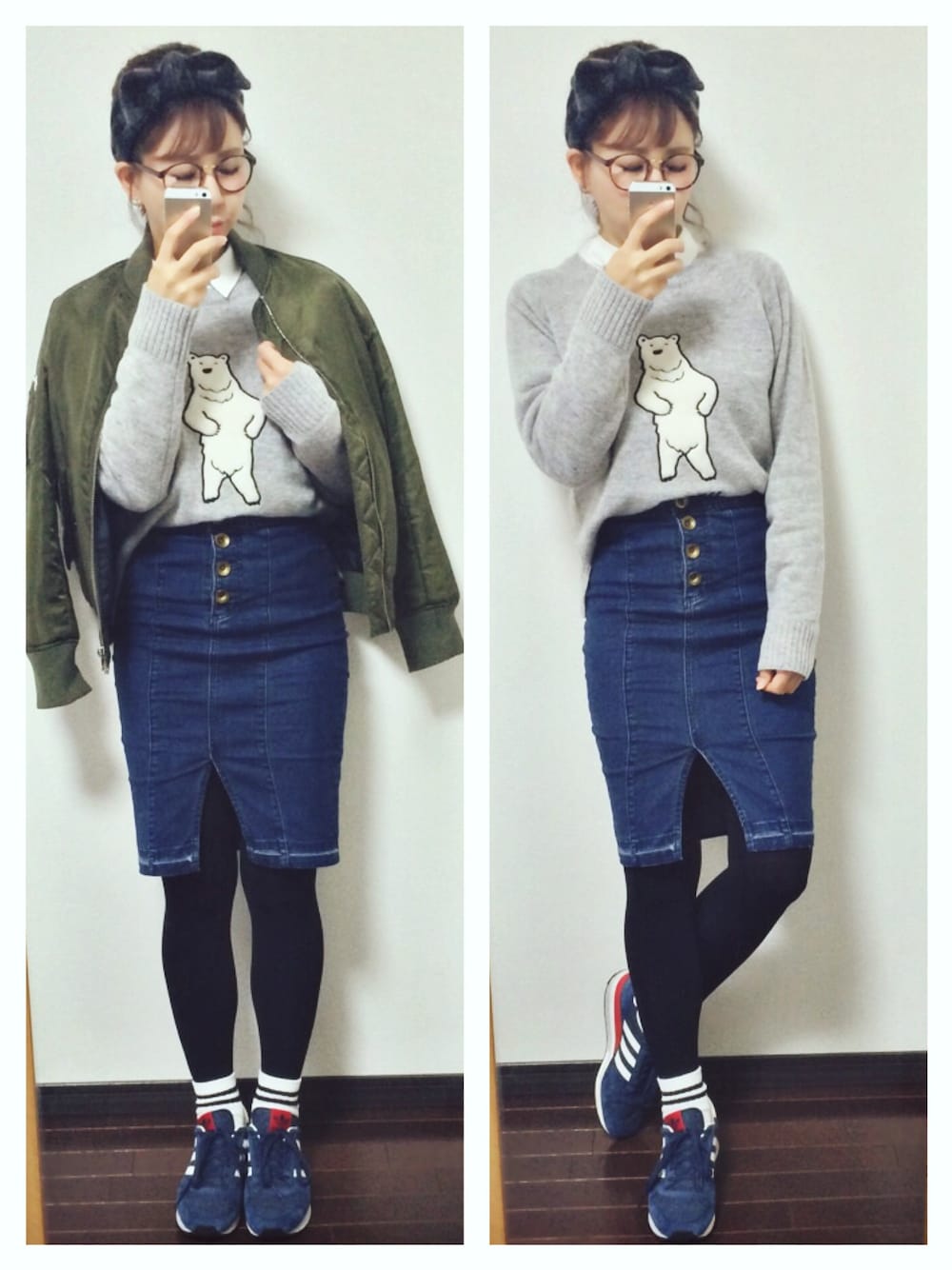 「ヘアバンド、ニット×シャツ、adidas」｜「Another Editionのadidas ZX500OG AE SP（スニーカー、ブルー系）」を使った、mayu*さん（レディース・158cm）の冬コーディネートの1枚目の写真