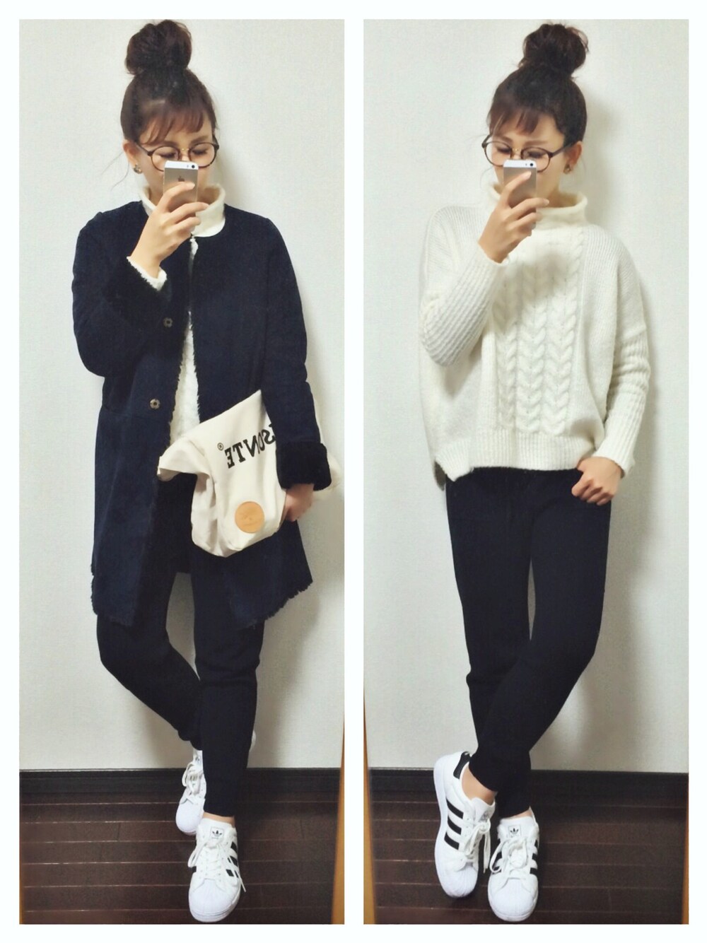 「ニット×ニット、ニットパンツ、ホワイトニット、ハイネック、スーパースター」｜「adidasのAdidas Originals Superstar II White Sneakers（スニーカー、ホワイト系）」を使った、mayu*さん（レディース・158cm）の冬コーディネートの1枚目の写真