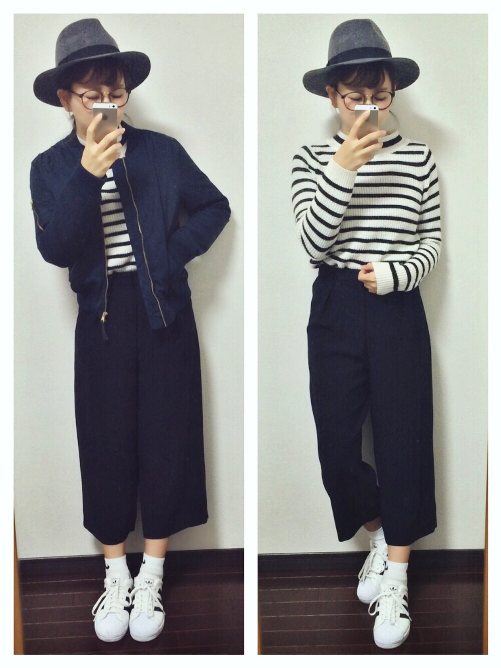 「ボーダーニット、ガウチョパンツ、ハット、スーパースター、モノトーン、ワイドパンツ」｜「adidasのAdidas Originals Superstar II White Sneakers（スニーカー、ホワイト系）」を使った、mayu*さん（レディース・158cm）の冬コーディネートの1枚目の写真