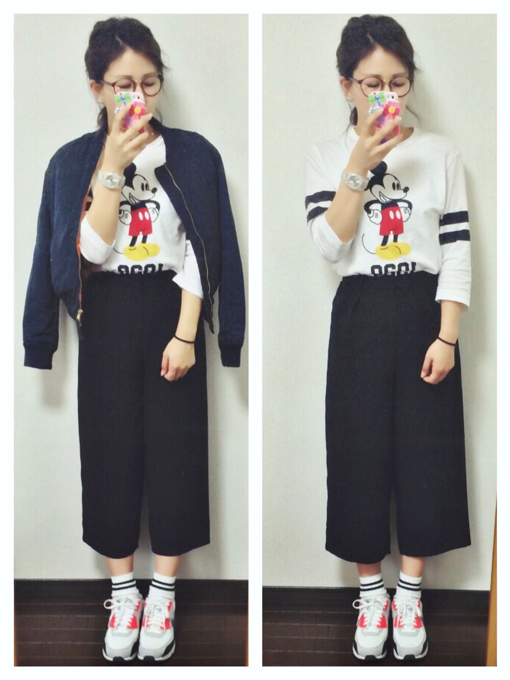 「ミッキーT、ワイドパンツ、MA-1、NIKE、スニーカー」｜「Bershkaのアイテム（その他パンツ、ブラック系）」を使った、mayu*さん（レディース・158cm）の春コーディネートの1枚目の写真