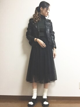 「サンダルに靴下」｜「アイテム（ライダースジャケット）」を使った、［Kape］さん（レディース・163cm）の秋コーディネート