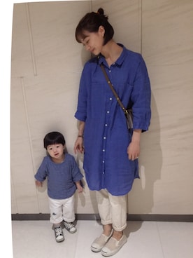 「アイテム（モカシン/デッキシューズ、ホワイト系）」を使った、alexPさん（キッズ・80cm）の秋コーディネート