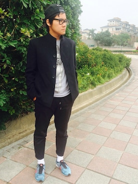 「Champion」｜「アイテム（ノーカラージャケット）」を使った、MingShaneHoさん（メンズ・171cm）の冬コーディネート