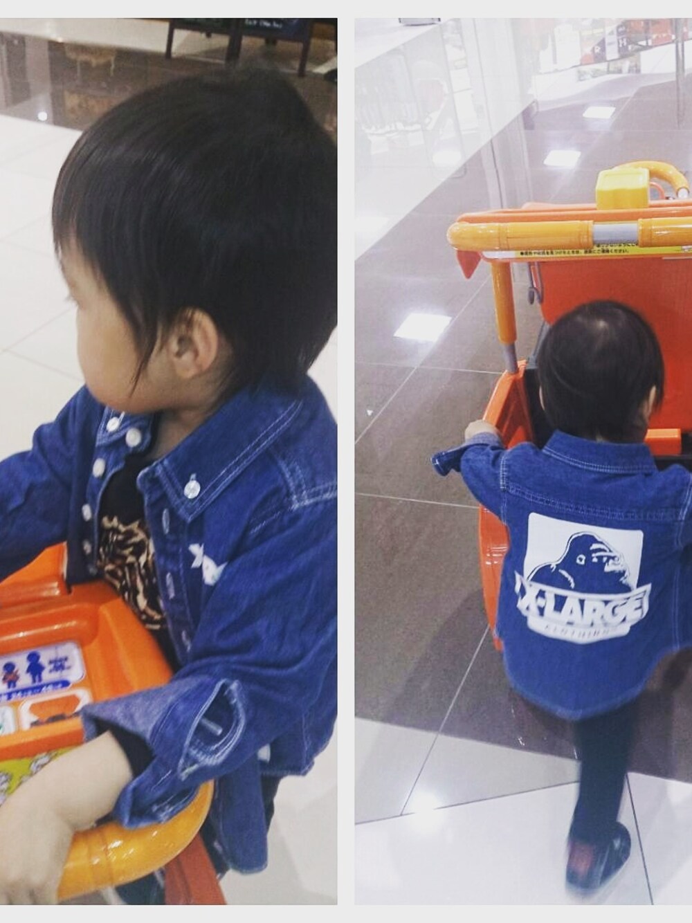 「男の子、エクストララージキッズ、お買い物」｜「XLARGE KIDSのL/S OG SHIRT(4T～8T）（シャツ/ブラウス、ブルー系）」を使った、oskyさん（キッズ・90cm）の夏コーディネートの1枚目の写真