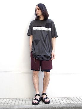 「is-ness（イズネス）のアイテム（サンダル）」を使った、オギさん（メンズ・180cm）の夏コーディネート
