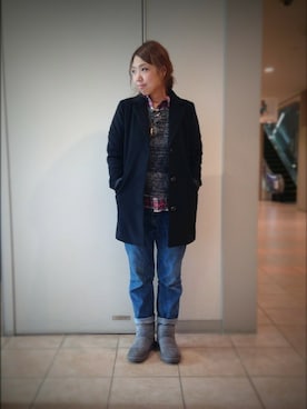 「ムートンブーツ」｜「アイテム（ステンカラーコート）」を使った、kumagaiさん（レディース・165cm）の秋コーディネート