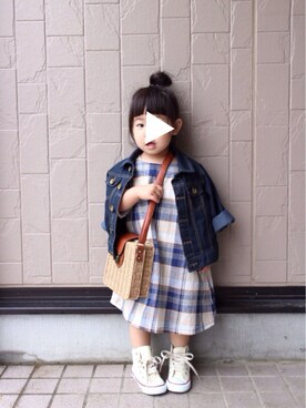 「チェックワンピース」｜「アイテム（デニムジャケット）」を使った、teiccoさん（キッズ・90cm）の春コーディネート
