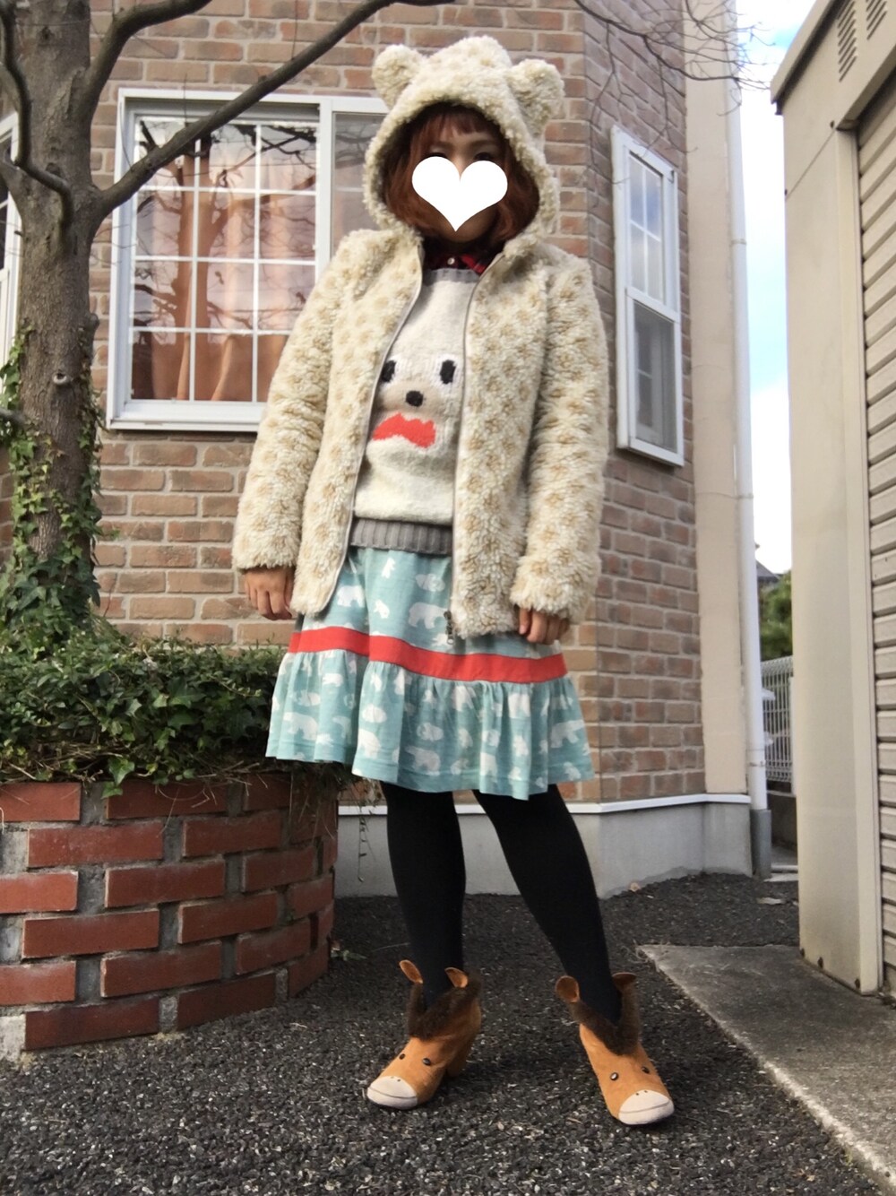 「ネネット、Ne-net(Ne-net)、ネネット女子、くまコーデ、くま、くまさん、ろばパン、モコモコアウター」｜「Ne-netの(P)メンズ ドットボア（ブルゾン、ベージュ系）」を使った、えっこさん（レディース・155cm）の秋コーディネートの1枚目の写真