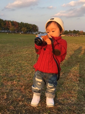 「サッカー」｜「アイテム（ニットキャップ/ビーニー）」を使った、iyori2015さん（キッズ・80cm）の秋コーディネート