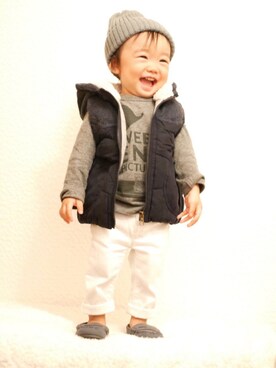 「H&M（エイチ・アンド・エム）のアイテム（モカシン/デッキシューズ）」を使った、iyori2015さん（キッズ・80cm）の秋コーディネート