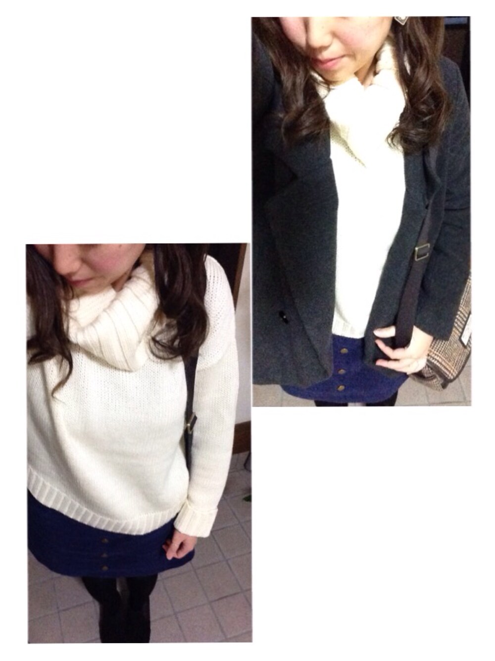 ホワイト系のニット/セーター、ブラック系のジャケット/アウター、ブルー系のスカートを着用したレディースの冬コーディネートの1枚目の写真