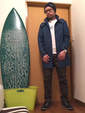 「アイテム（ステンカラーコート）」を使った、Rickyさん（メンズ・168cm・30代）の冬コーディネート