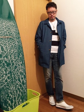 「アイテム（ステンカラーコート）」を使った、Rickyさん（メンズ・168cm・30代）の春コーディネート