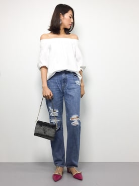 「AZUL by moussy（アズールバイマウジー）のｸﾗｯｼｭﾎﾞｰｲﾌｨｯﾄﾃﾞﾆﾑﾊﾟﾝﾂ（デニムパンツ）」を使った、m.yさん（レディース・165cm）の夏コーディネート