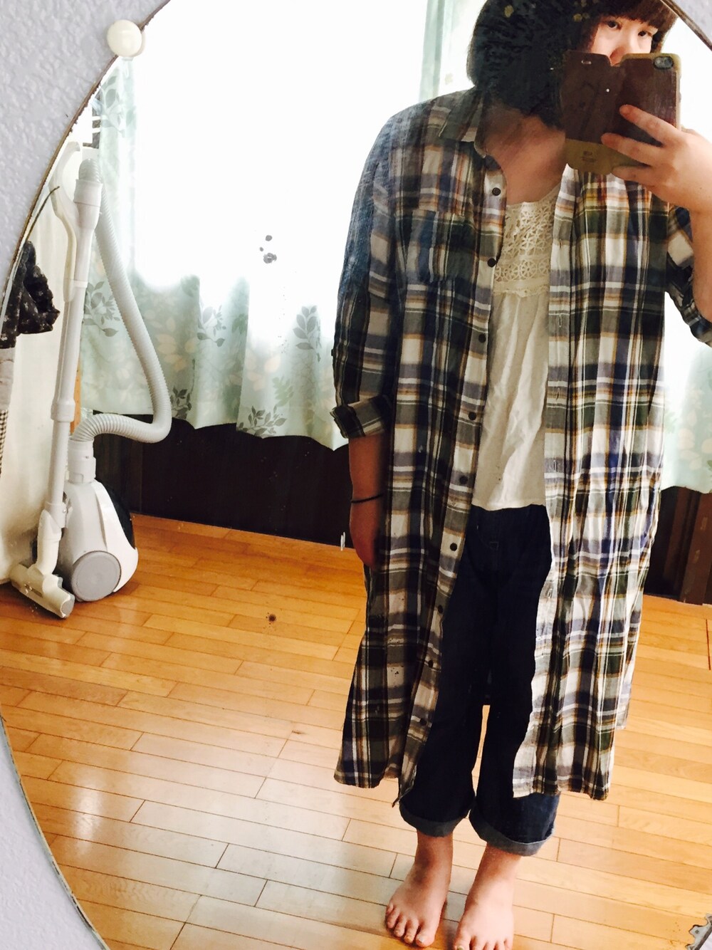 「しまむらのアイテム（シャツワンピース、グリーン系）」を使った、yuho.sさん（レディース・159cm）の秋コーディネートの1枚目の写真