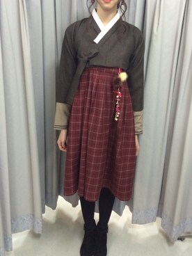 「アイテム（セットアップ、レッド系）」を使った、そんいさん（レディース・160cm）の冬コーディネート