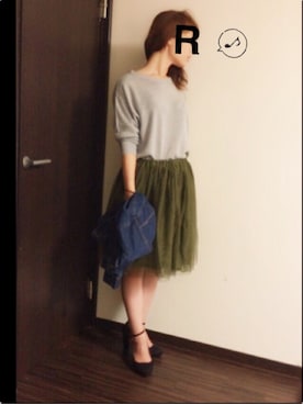 「楽天のアイテム（スカート、グリーン系）」を使った、RINさん（レディース・162cm）の夏コーディネート