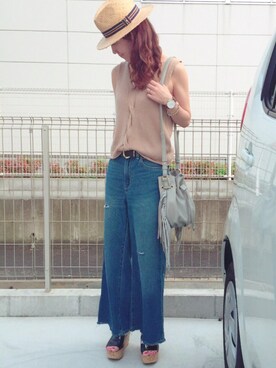 「アイテム（キャミソール、ベージュ系）」を使った、riosa◡̈⃝︎⋆︎*さん（レディース・158cm）の夏コーディネート