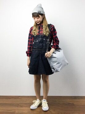 「赤チェック」｜「アイテム（サロペット/オーバーオール）」を使った、いぴさん（レディース・152cm）の夏コーディネート