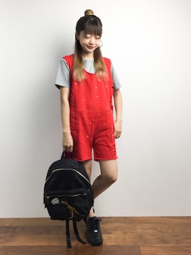 「グレーTシャツ」｜「アイテム（オールインワン・サロペット）」を使った、いぴさん（レディース・152cm）の夏コーディネート