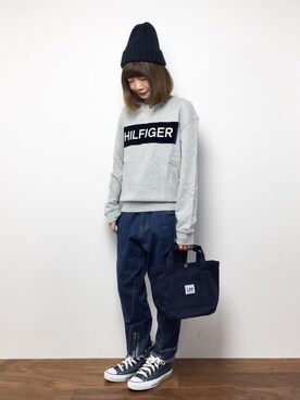 「ミニトート」｜「アイテム（スウェット）」を使った、いぴさん（レディース・152cm）の秋コーディネート