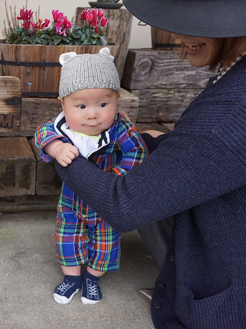 「ベビー、ベビーコーデ、赤ちゃん、ひよこクラブコーデコンテスト、4ヶ月、おとこのこ、ボルサリーノ、ラルフローレン、ハット、ニット帽」｜「POLO RALPH LAURENのアイテム（ロンパース、ブルー系）」を使った、SASUKE...☆さん（キッズ・60cm）の冬コーディネートの1枚目の写真