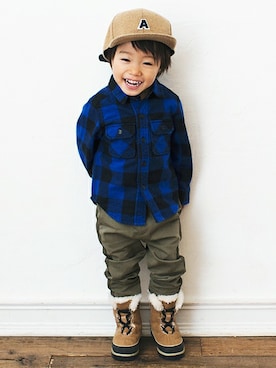 「petit main（プティマイン）のアイテム（キャップ）」を使った、kladskap　クレードスコープさん（キッズ・86cm）の冬コーディネート