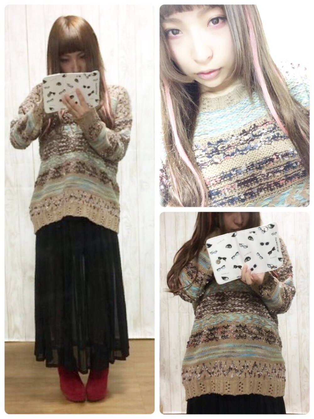 「WEAR HALLOWEEN 2014、ニット、もこもこ、ブラック、スケスケ、シフォンスカート、赤、ブーティ、Trick or Treat」｜「no brandのアイテム（ニット/セーター、ベージュ系）」を使った、ascaさん（レディース・156cm）の秋コーディネートの1枚目の写真