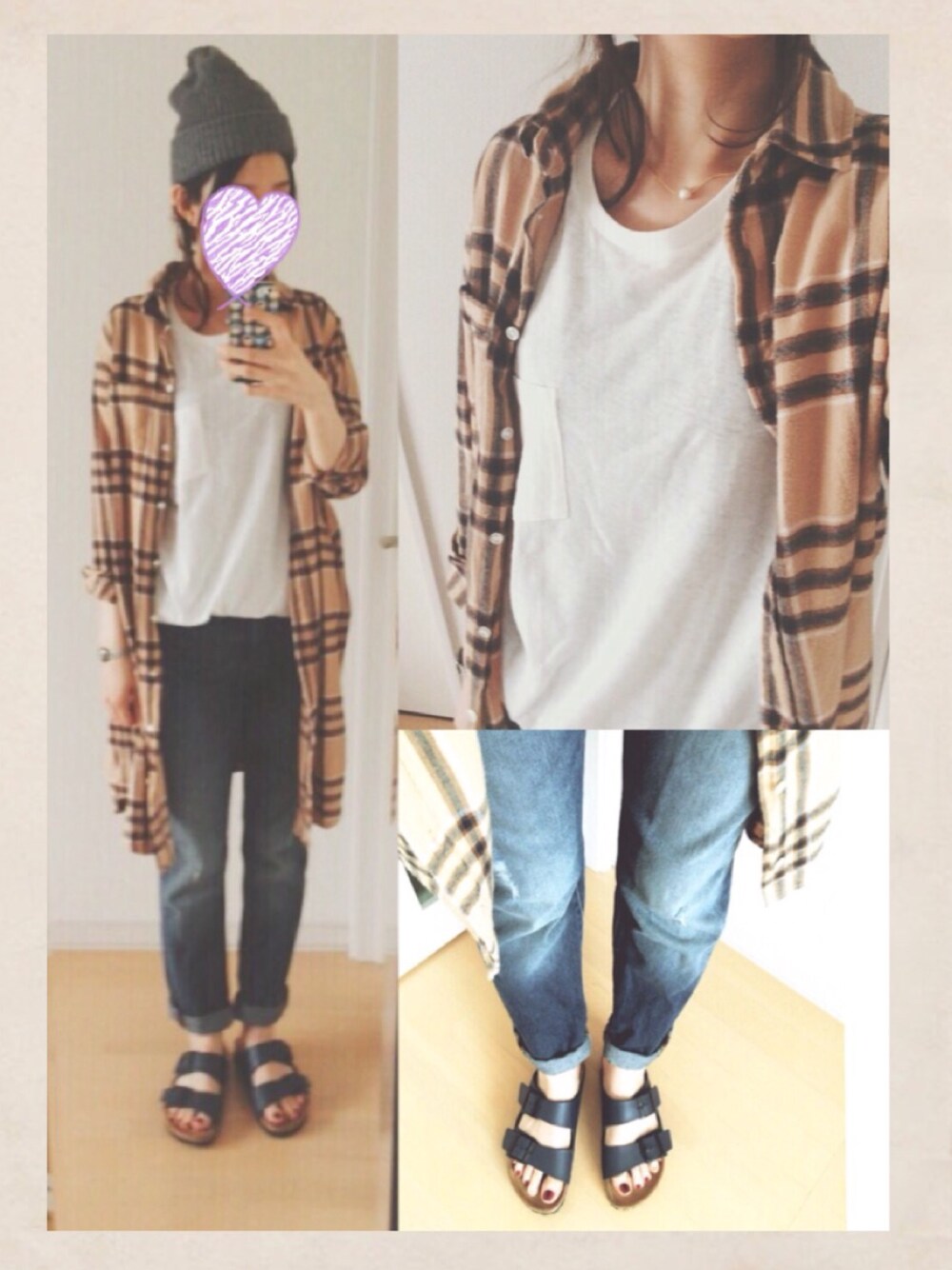 「チェックシャツ、ビルケンシュトック、ニット帽コーデ、UNIQLO Tシャツ」｜「UNIQLOのアイテム（Tシャツ/カットソー、ホワイト系）」を使った、mokさん（レディース・163cm）の夏コーディネートの1枚目の写真