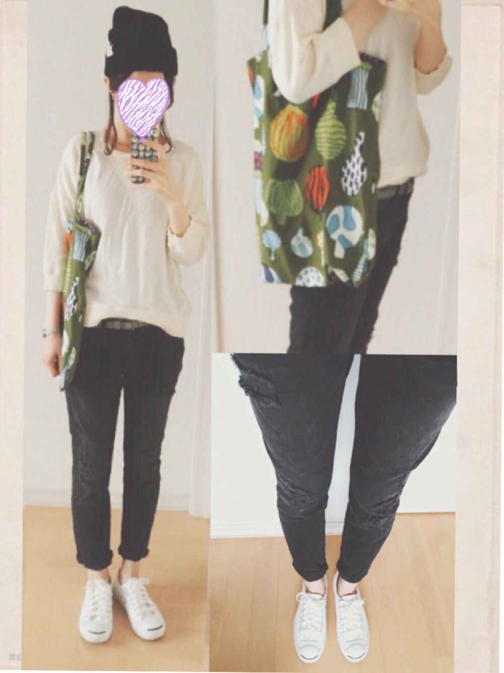 「ザラジョ、ニット帽、マリメッコ」｜「Another Editionのアイテム（Tシャツ/カットソー、ホワイト系）」を使った、mokさん（レディース・163cm）の夏コーディネートの1枚目の写真