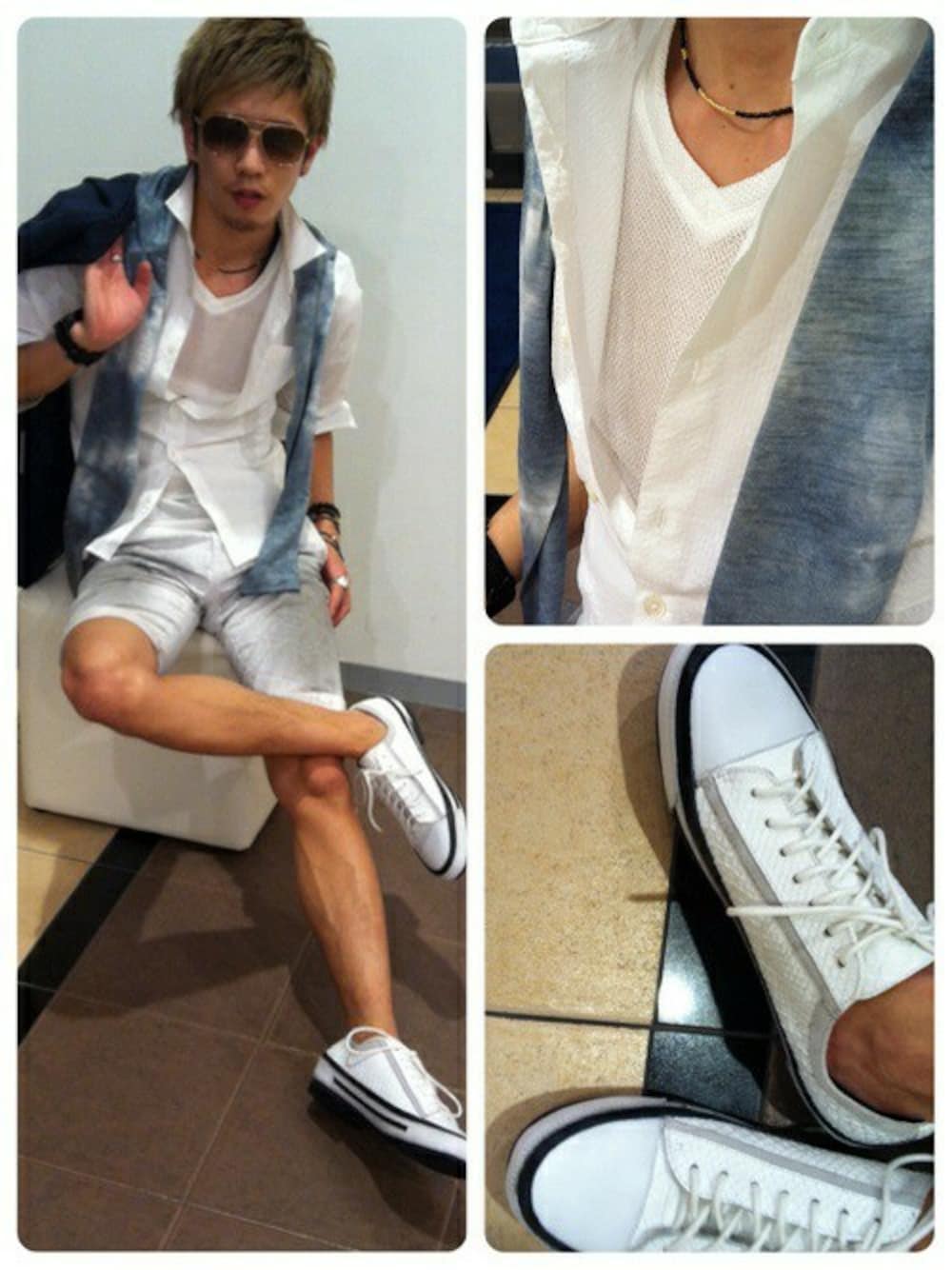 ホワイト系のその他パンツ、ブルー系のテーラードジャケット、ブルー系のTシャツ/カットソーを着用したメンズの春コーディネートの1枚目の写真