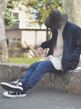 「ツバ広ハット」｜「アイテム（ノーカラージャケット）」を使った、satoさん（メンズ・178cm）の春コーディネート