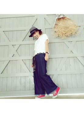 「earth music&ecology（アースミュージックアンドエコロジー）のアイテム（Tシャツ/カットソー、ホワイト系）」を使った、®️unaさん（レディース・150cm）の秋コーディネート