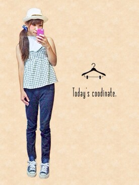 「しまむら（シマムラ）のHK WORKS LONDON ストローハット（帽子、ベージュ系）」を使った、***さん（レディース・154cm）の夏コーディネート